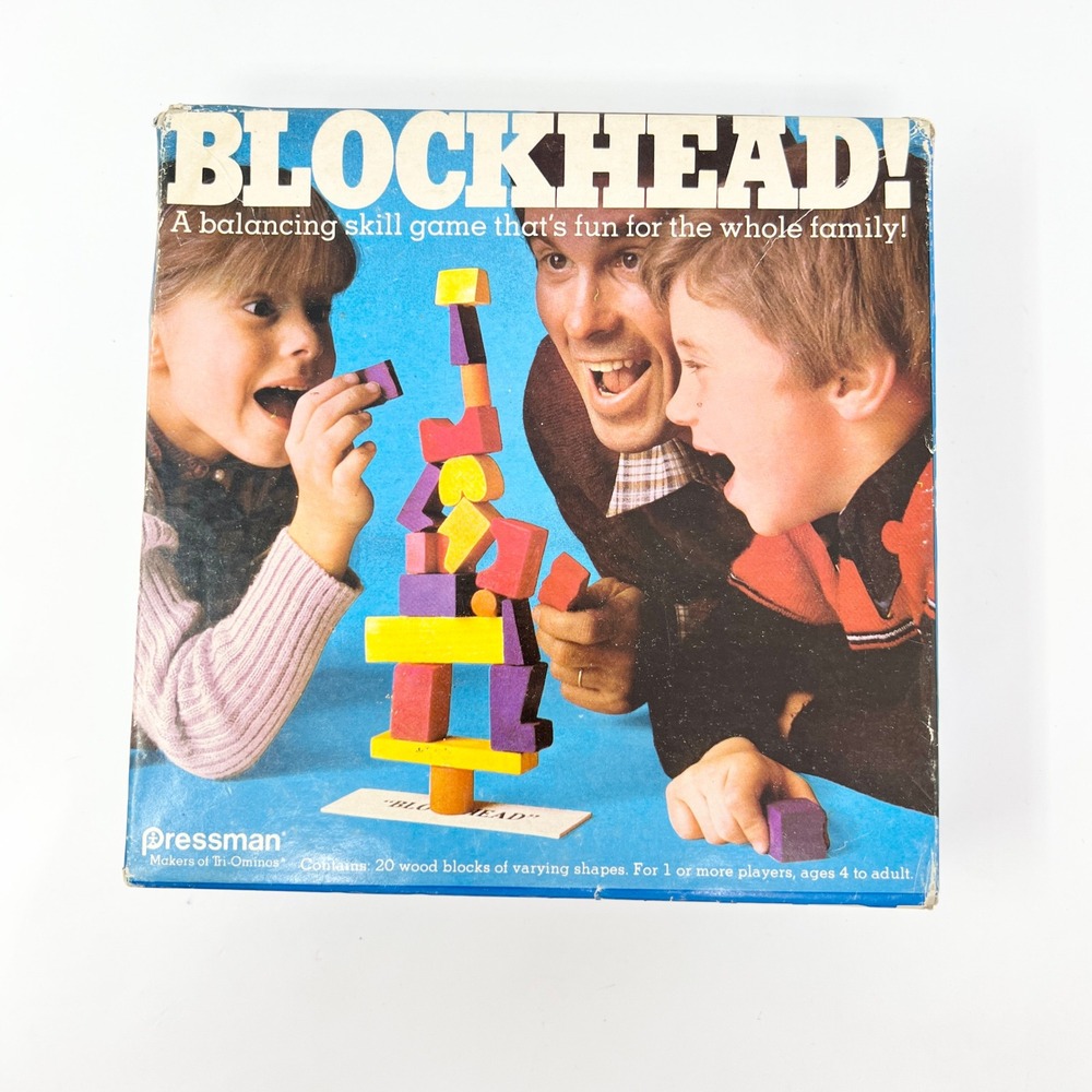 Vintage Pressman Blockhead! 1982 Stacking Game Complete Wood Blocks. Made In USA